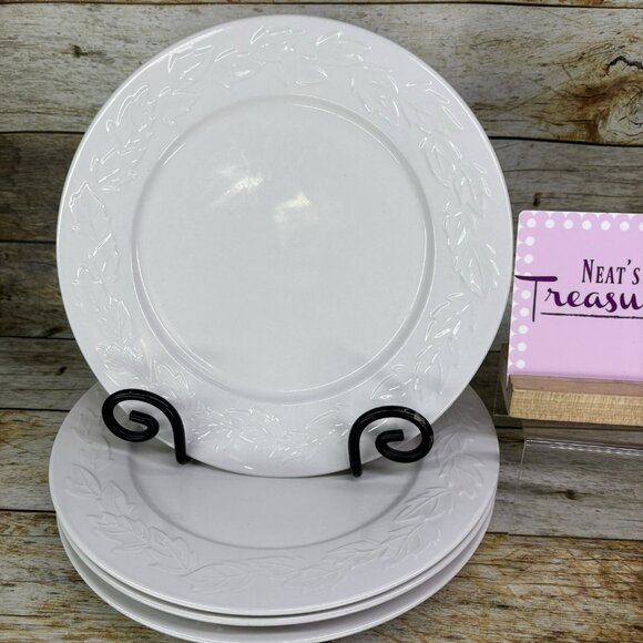 Pfaltzgraff AUTUMN LEAVES White Embossed Rim Leaves Ceramic Dinner Plates Set 4 - Picture 1 of 16